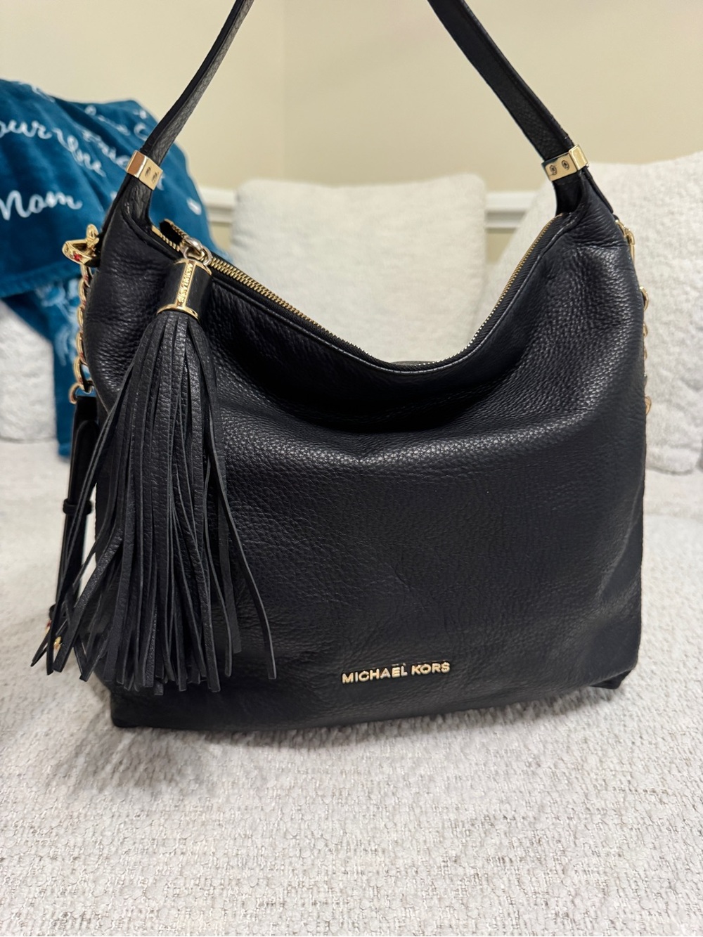 Michael Kors Weston Tassel Black Pebbled Leather Shoulder Bag Adjustable Strap